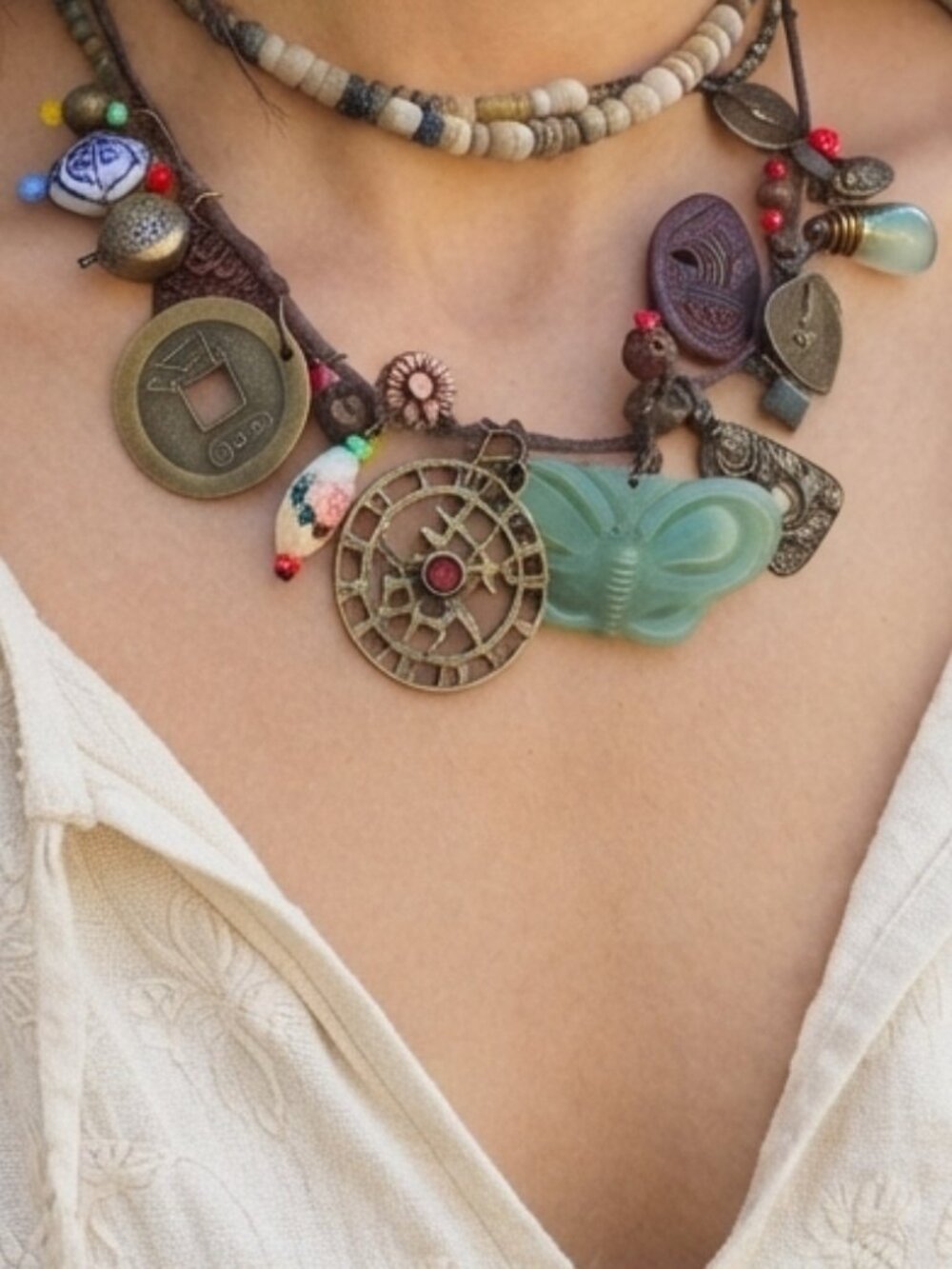 Vintage Asian style Bohemian Boho charm and pendant necklace 13-16 inches